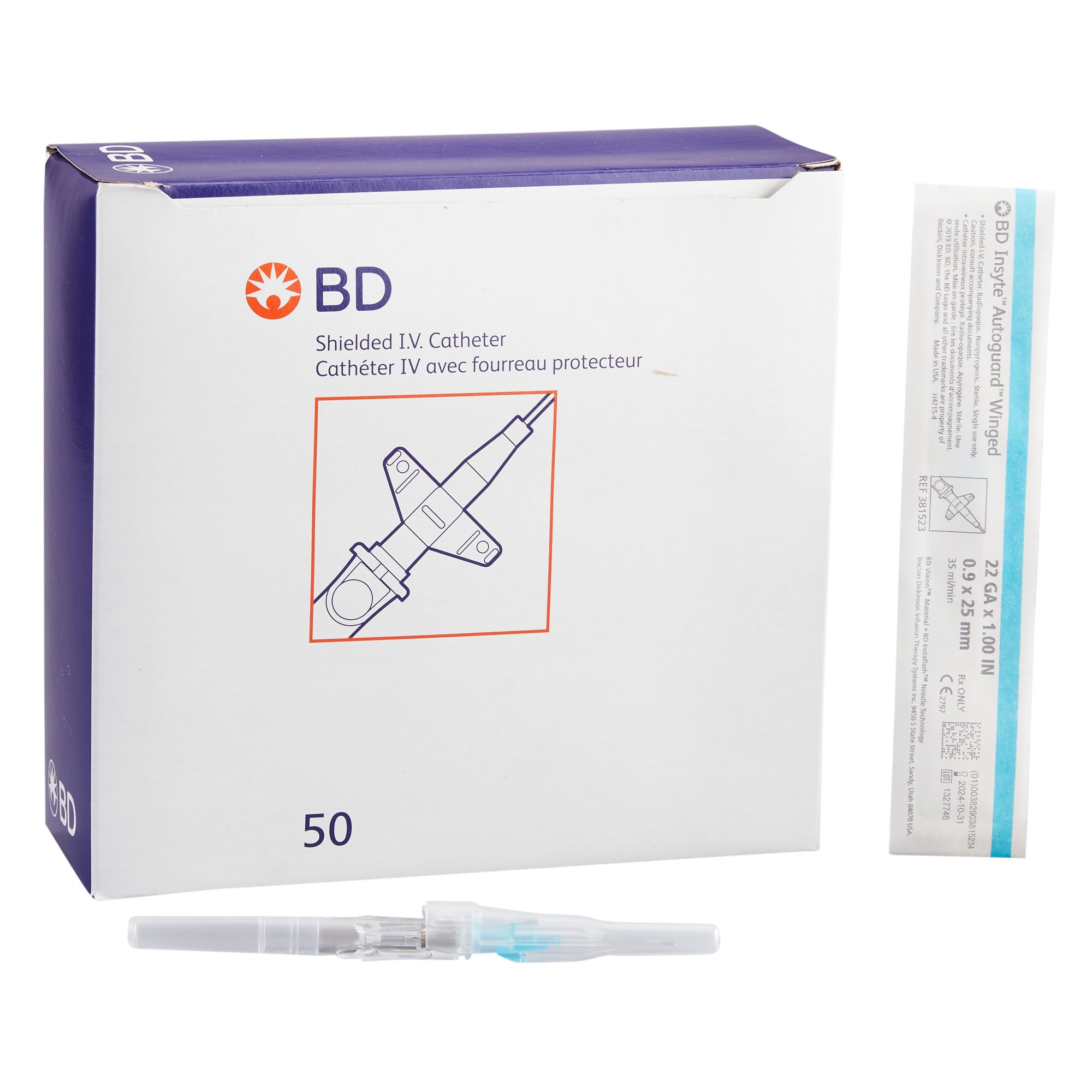 Catheter Peripheral IV Catheter Insyte™ Autoguard™ 22 Gauge 1 Inch Retracting Safety Needle (1/EA 50/BX 4BX/CS) by BD  ID 381523